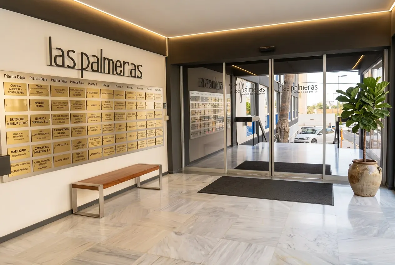 Recepción modernizada de Las Palmeras con directorio y acceso principal