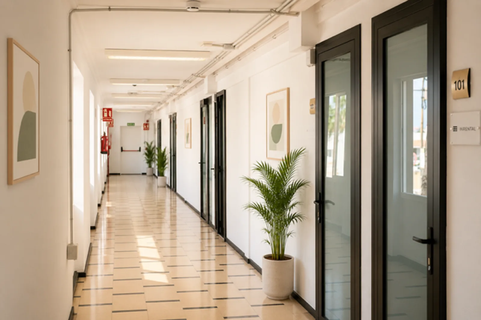 Pasillo de las oficinas 1 a 8 con luz natural y puertas acristaladas
