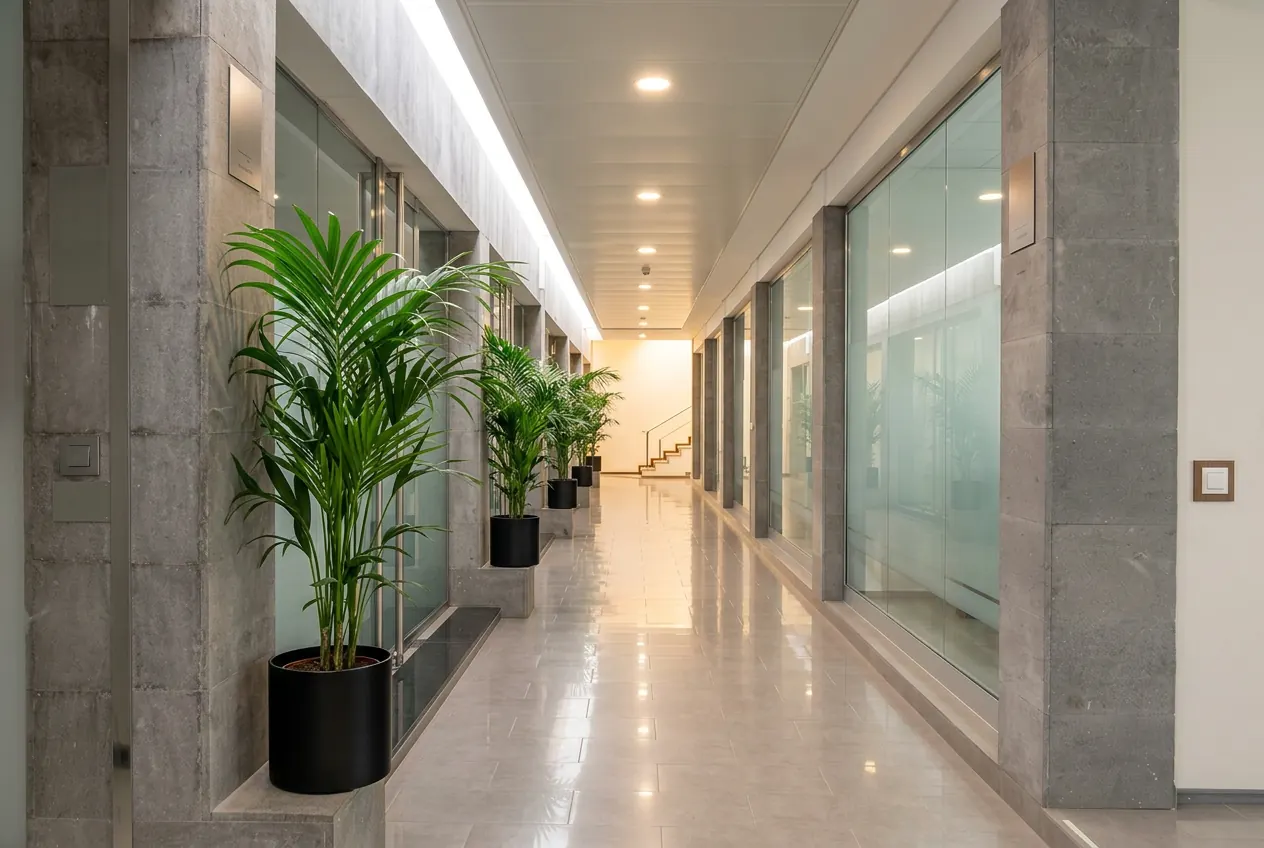 Pasillo interior renovado con iluminación cálida y oficinas acristaladas